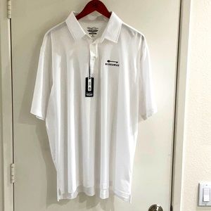 NWT L Straight Down White Golf Shirt with “Hideaway” logo.